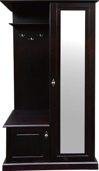 przedpokój drewniany DELTA, kolor wenge, front - prosty, wieniec dolny - cokół prosty, gałka - stare srebro A1014 z szyldem, wieszaki po lewej.
